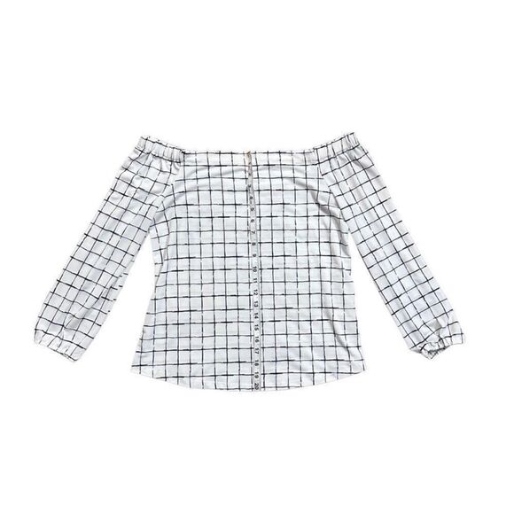 Mine Off The Shoulder White & Black Grid Pattern Long Sleeve Top Size Medium - Picture 8 of 10